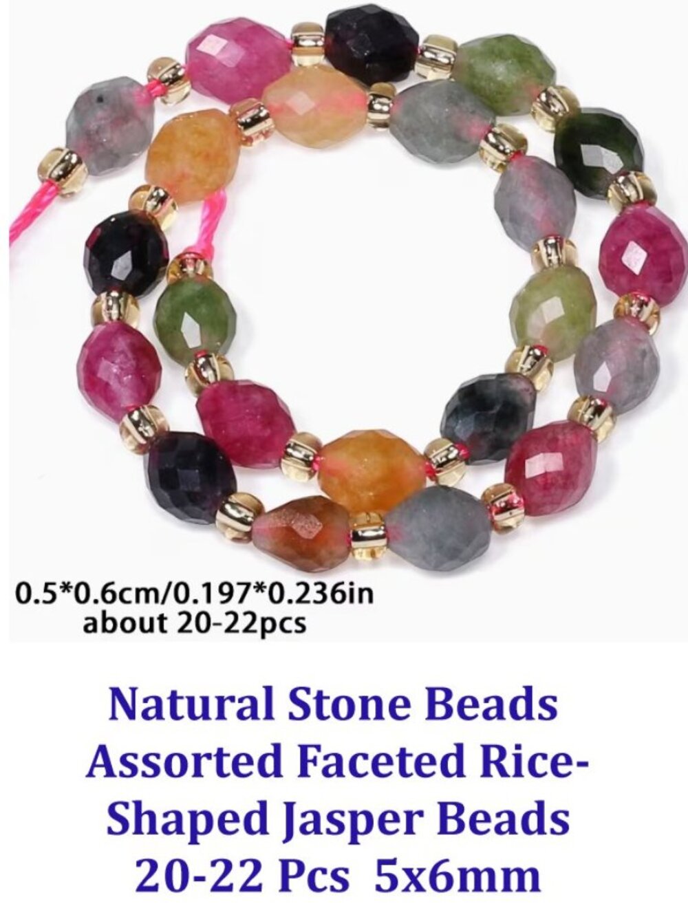 Natural Stone Beads  Assorted Faceted Rice- Shaped Jasper Beads 20-22 Pcs  5x6mm